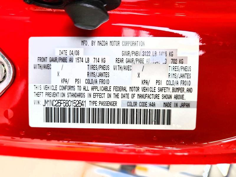 54245286 :رقم المزاد ، JM1NC26F680152641 vin ، 2008 Mazda Mx-5 Miata مزاد بيع