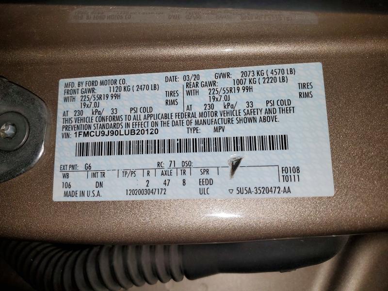 Aukcja sprzedaży 2020 Ford Escape, vin: 1FMCU9J90LUB20120, numer aukcji: 53130026