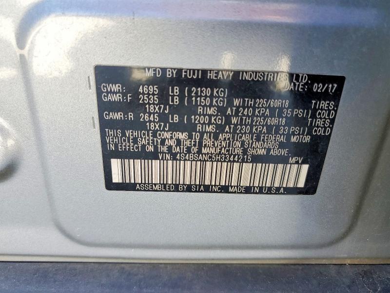 2017 Subaru Outback მანქანა იყიდება აუქციონზე, vin: 4S4BSANC5H3344215, აუქციონის ნომერი: 52549336