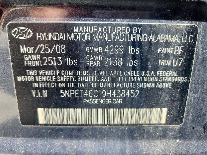 55120286 :رقم المزاد ، 5NPET46C19H438452 vin ، 2009 Hyundai Sonata مزاد بيع