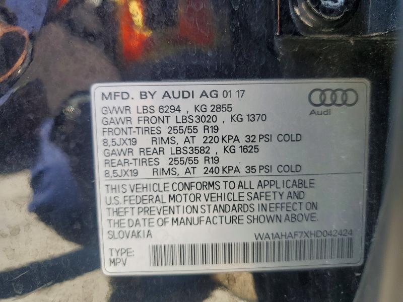 52436776 :رقم المزاد ، WA1AHAF7XHD042424 vin ، 2017 Audi Q7 مزاد بيع