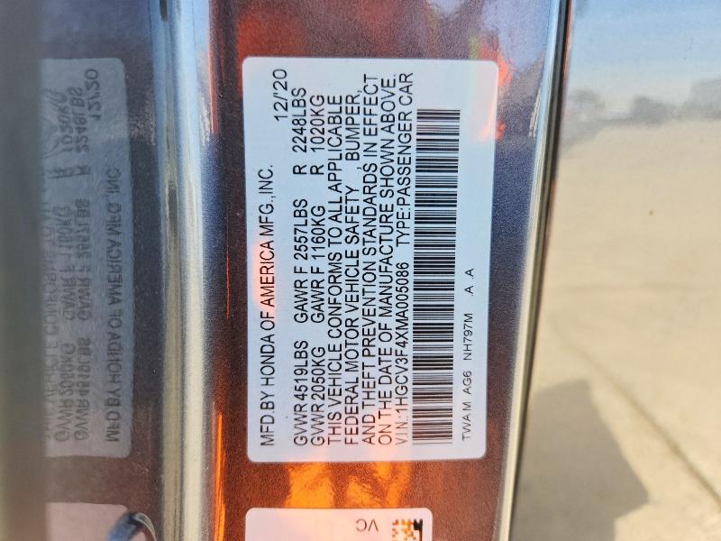 52081176 :رقم المزاد ، 1HGCV3F4XMA005086 vin ، 2021 Honda Accord مزاد بيع