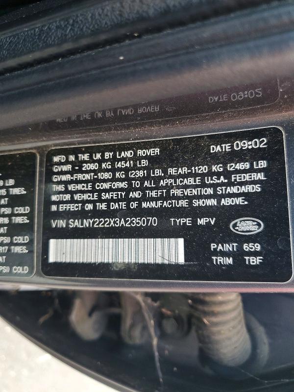 Aukcja sprzedaży 2003 Land Rover Freelander, vin: SALNY222X3A235070, numer aukcji: 55409286