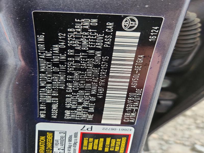 54487106 :رقم المزاد ، 4T4BF1FK1CR215715 vin ، 2012 Toyota Camry مزاد بيع