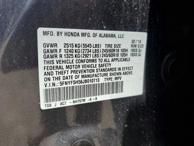 Продажа на аукционе авто 2018 Honda Pilot, vin: 5FNYF5H56JB010713, номер лота: 53154766