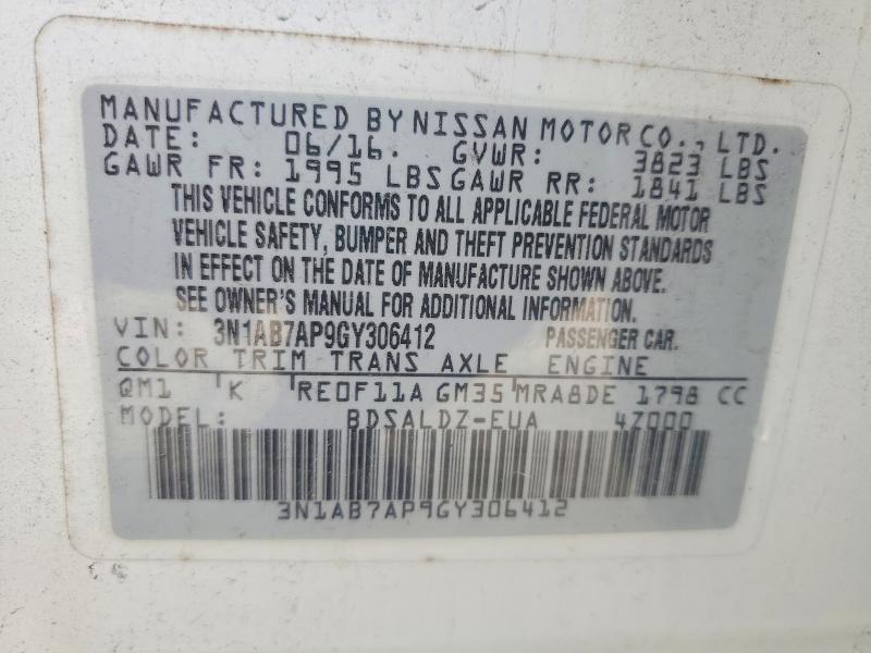 2016 Nissan Sentra მანქანა იყიდება აუქციონზე, vin: 3N1AB7AP9GY306412, აუქციონის ნომერი: 55408006