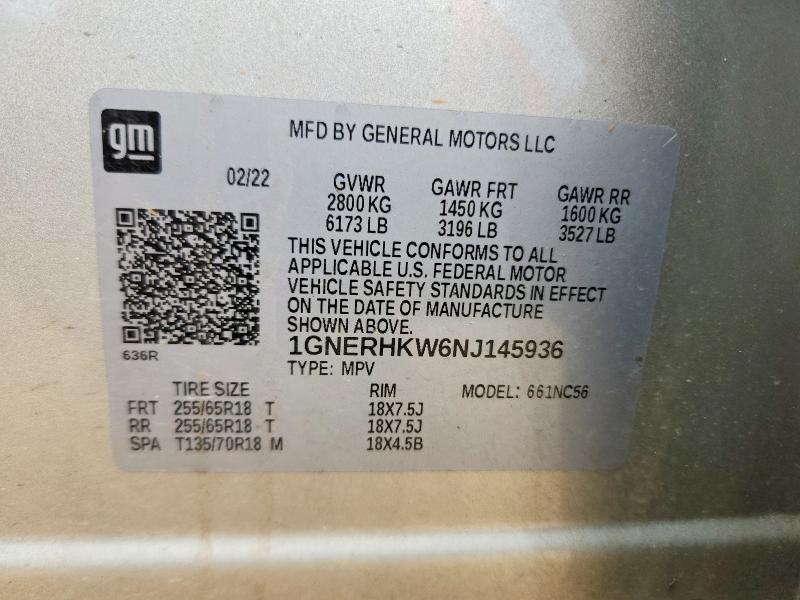 Aukcja sprzedaży 2022 Chevrolet Traverse, vin: 1GNERHKW6NJ145936, numer aukcji: 52930216