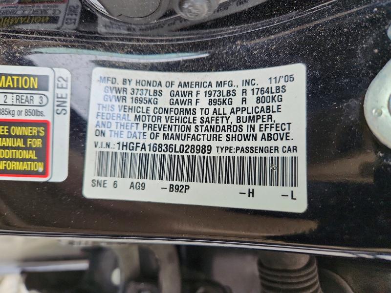 2006 Honda Civic მანქანა იყიდება აუქციონზე, vin: 1HGFA16836L028989, აუქციონის ნომერი: 55015396
