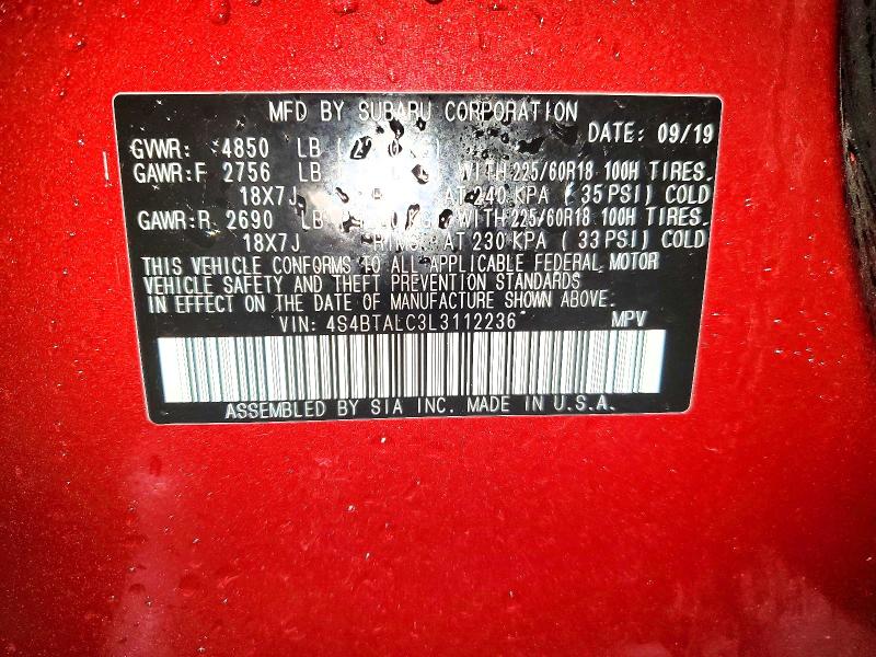 2020 Subaru Outback მანქანა იყიდება აუქციონზე, vin: 4S4BTALC3L3112236, აუქციონის ნომერი: 52154426