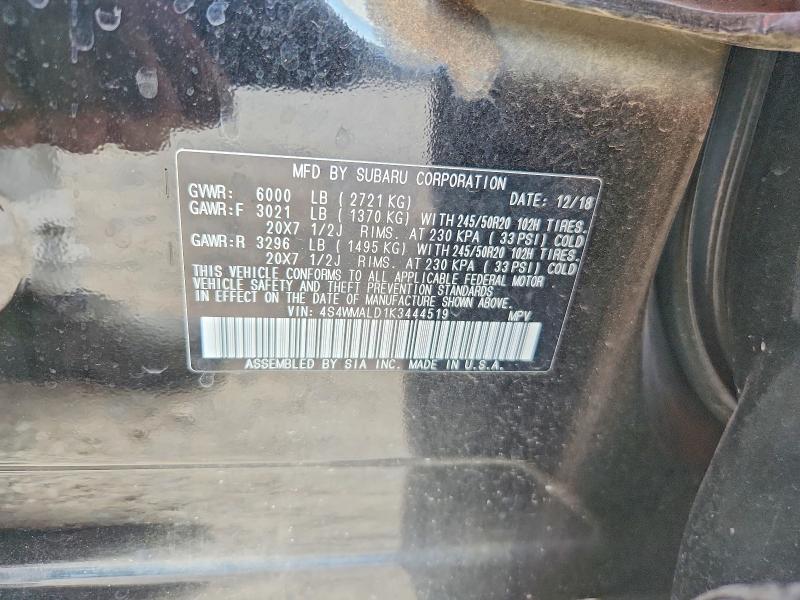52333466 :رقم المزاد ، 4S4WMALD1K3444519 vin ، 2019 Subaru Ascent مزاد بيع