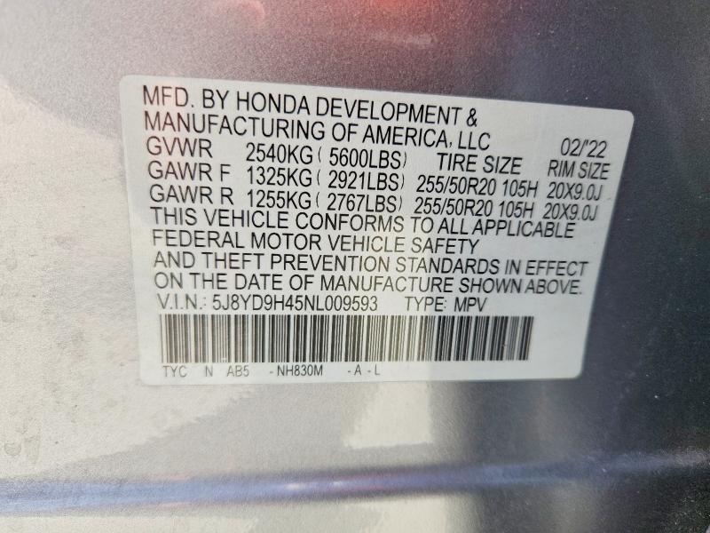 2022 Acura Mdx მანქანა იყიდება აუქციონზე, vin: 5J8YD9H45NL009593, აუქციონის ნომერი: 52203096