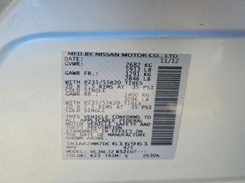 54637956 :رقم المزاد ، 5N1AR2MM7DC616961 vin ، 2013 Nissan Pathfinder مزاد بيع