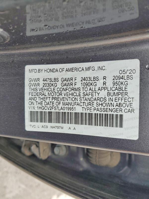 53420436 :رقم المزاد ، 1HGCV2F57LA019951 vin ، 2020 Honda Accord مزاد بيع