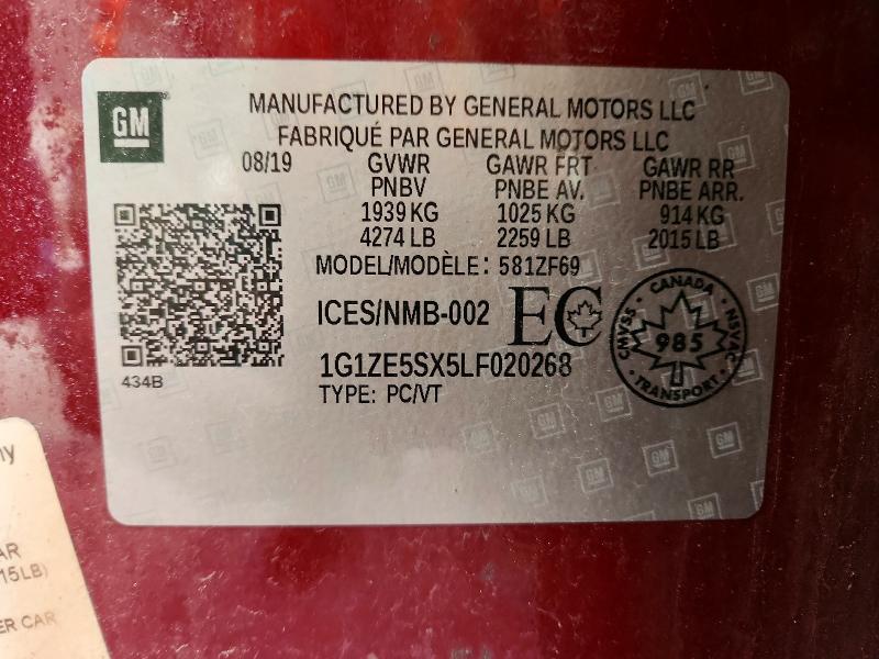 55078816 :رقم المزاد ، 1G1ZE5SX5LF020268 vin ، 2020 Chevrolet Malibu مزاد بيع