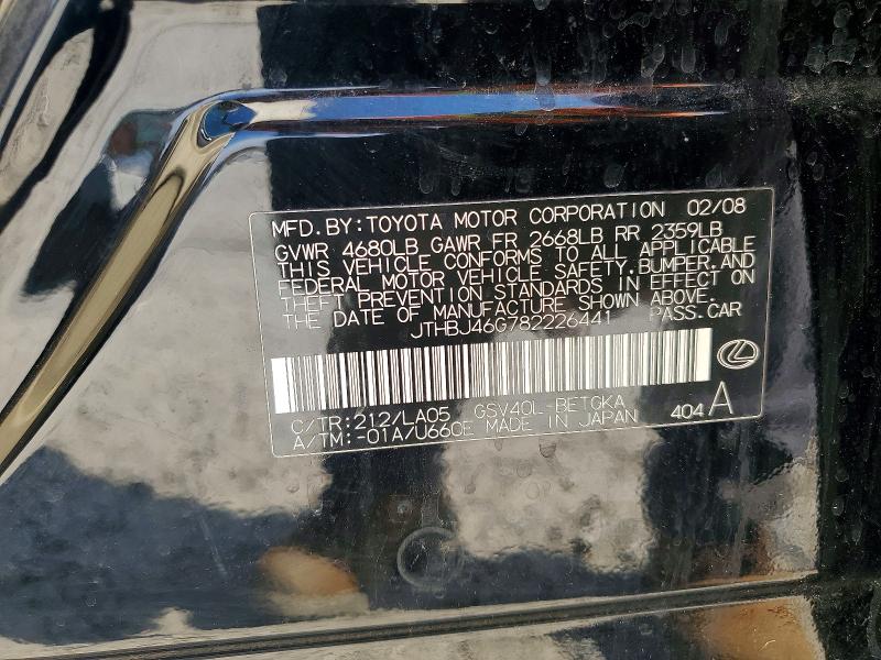 Продаж на аукціоні авто 2008 Lexus Es, vin: JTHBJ46G782226441, номер лоту: 52961826