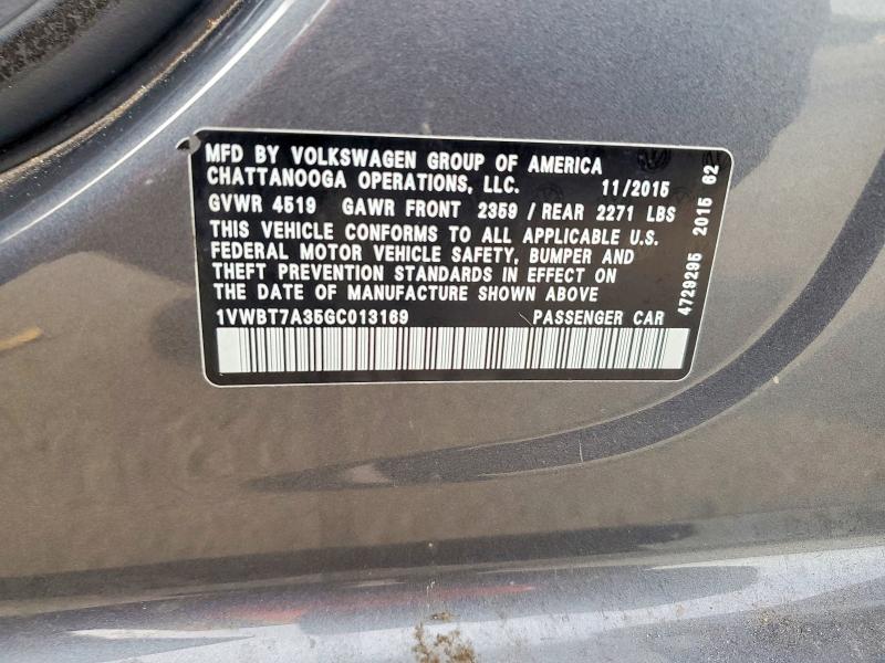 52566596 :رقم المزاد ، 1VWBT7A35GC013169 vin ، 2016 Volkswagen Passat مزاد بيع