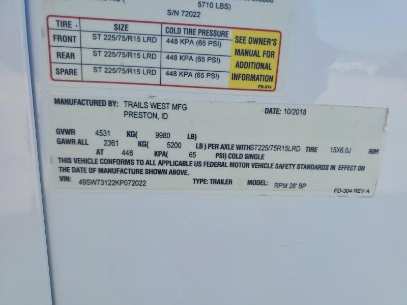 Продажа на аукционе авто 2019 Others Trailer, vin: 49SW73122KP072022, номер лота: 54558936