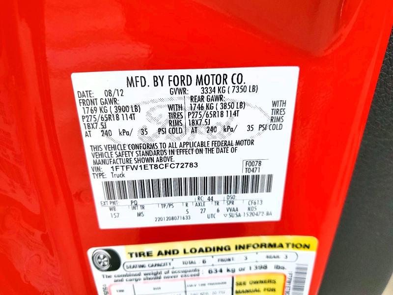 Aukcja sprzedaży 2012 Ford F150, vin: 1FTFW1ET8CFC72783, numer aukcji: 54273356