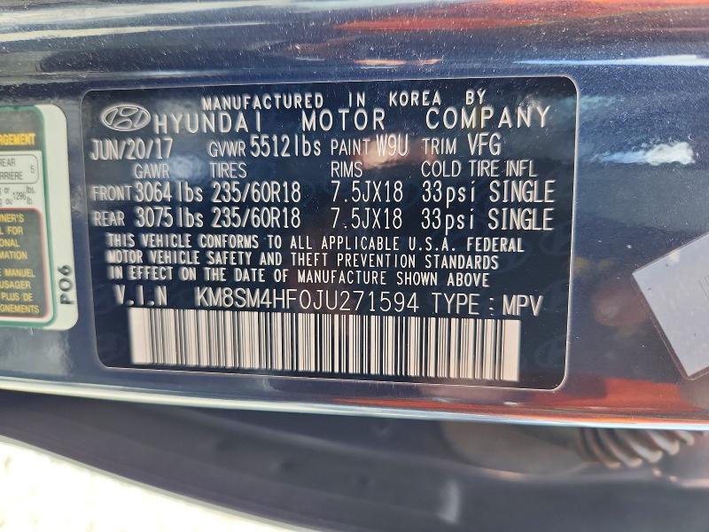 52867776 :رقم المزاد ، KM8SM4HF0JU271594 vin ، 2018 Hyundai Santa Fe مزاد بيع
