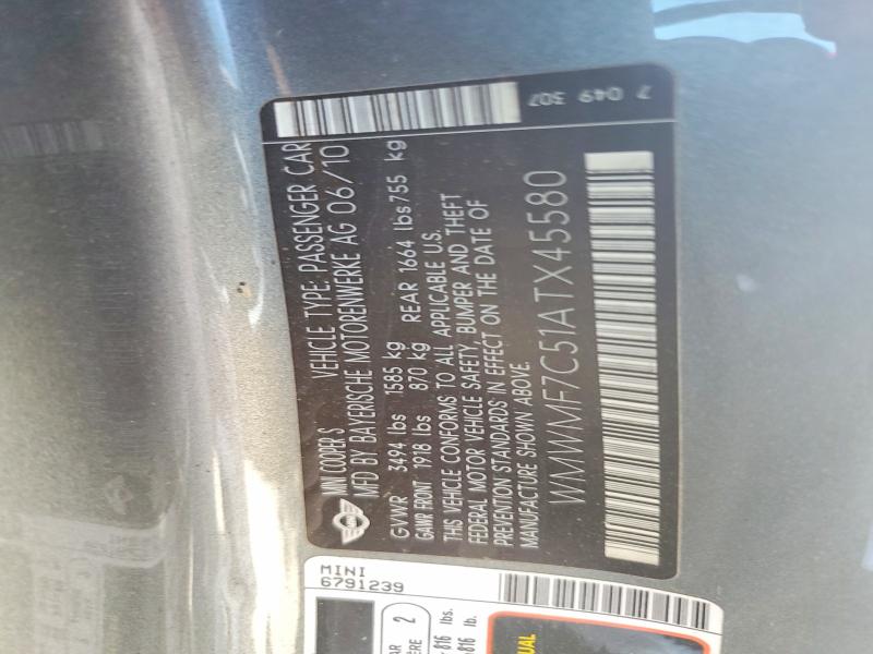 Продаж на аукціоні авто 2010 Mini Cooper, vin: WMWMF7C51ATX45580, номер лоту: 52239206