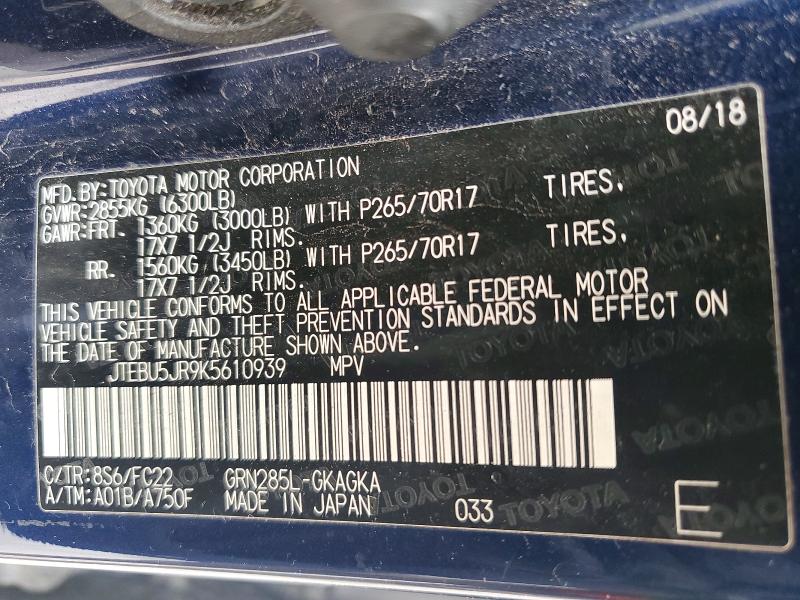 Продаж на аукціоні авто 2019 Toyota 4runner, vin: JTEBU5JR9K5610939, номер лоту: 54723636