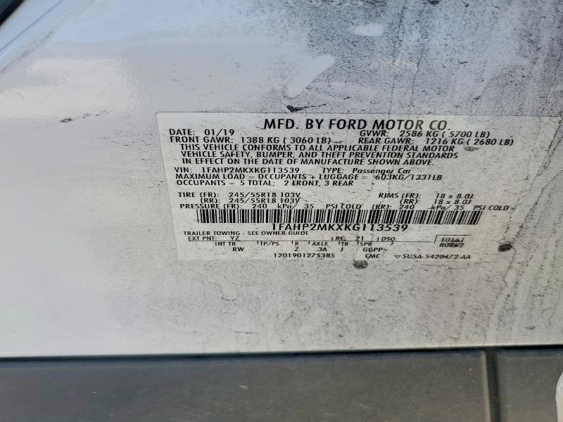 2019 Ford Taurus მანქანა იყიდება აუქციონზე, vin: 1FAHP2MKXKG113539, აუქციონის ნომერი: 52356376