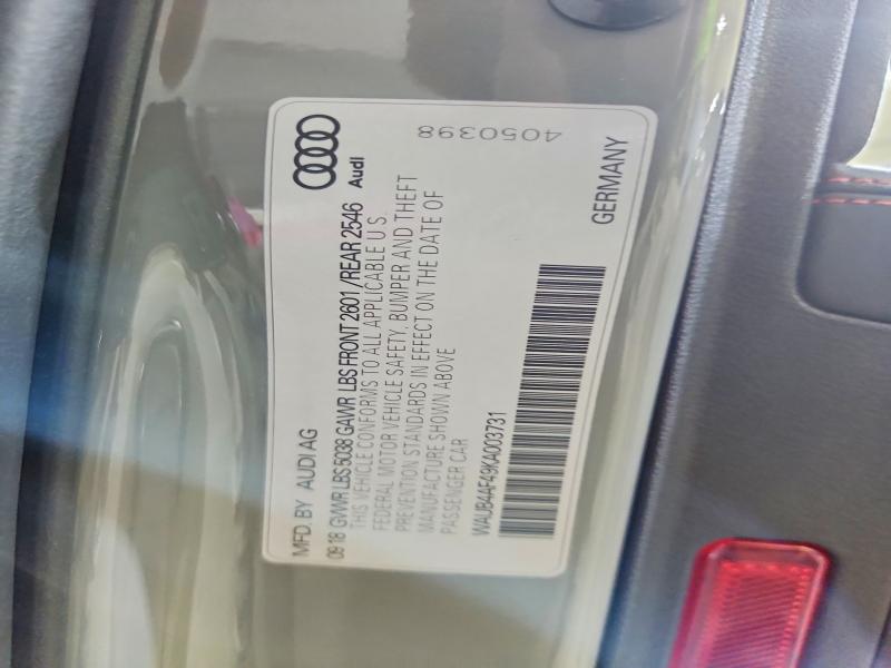 53785496 :رقم المزاد ، WAUB4AF49KA003731 vin ، 2019 Audi S4 مزاد بيع