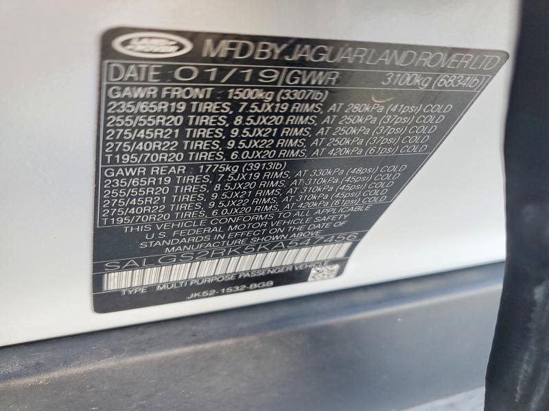 54345006 :رقم المزاد ، SALGS2RK5KA547456 vin ، 2019 Land Rover Range Rover مزاد بيع