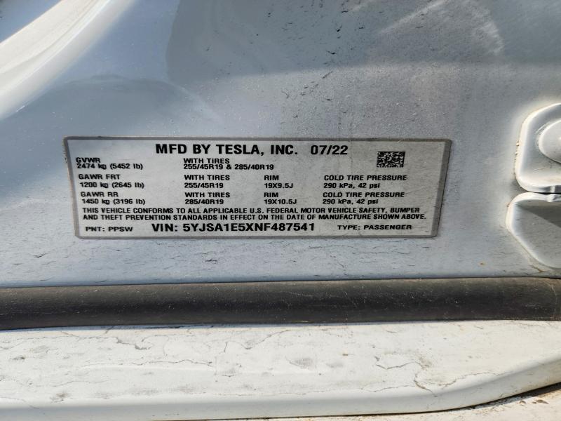 Продажа на аукционе авто 2022 Tesla Model S, vin: 5YJSA1E5XNF487541, номер лота: 54495086
