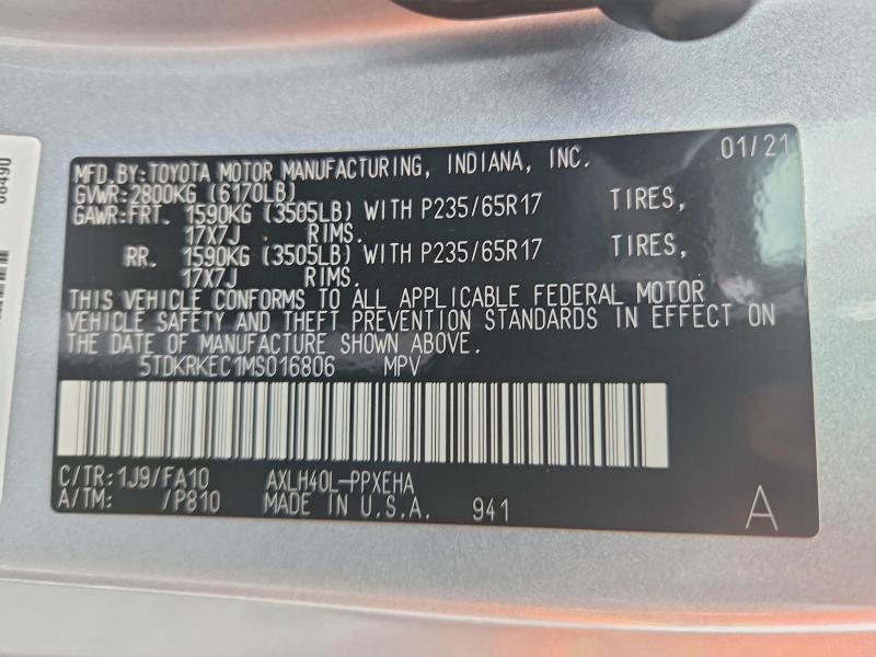 Aukcja sprzedaży 2021 Toyota Sienna, vin: 5TDKRKEC1MS016806, numer aukcji: 55366636