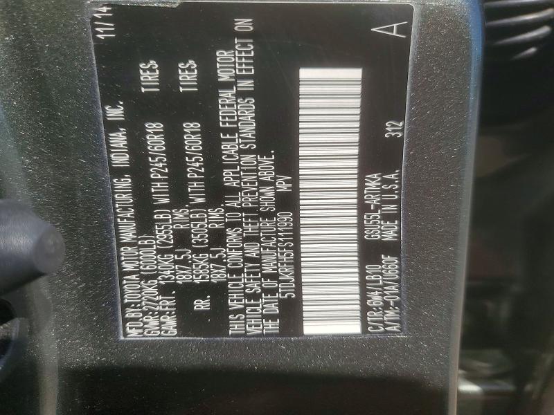 54339646 :رقم المزاد ، 5TDJKRFH5FS111990 vin ، 2015 Toyota Highlander مزاد بيع