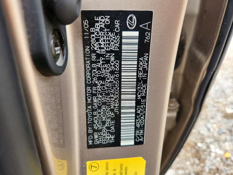 2006 Lexus Es მანქანა იყიდება აუქციონზე, vin: JTHBA30G265161660, აუქციონის ნომერი: 54447366