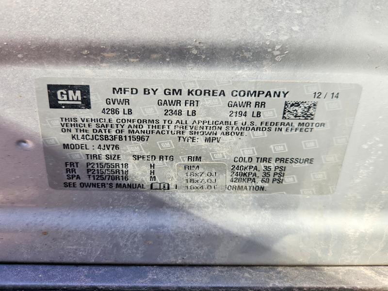 2015 Buick Encore მანქანა იყიდება აუქციონზე, vin: KL4CJCSB3FB115967, აუქციონის ნომერი: 52189056