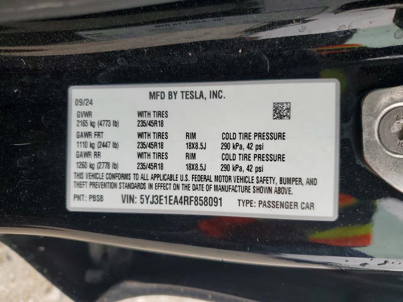 Aukcja sprzedaży 2024 Tesla Model 3, vin: 5YJ3E1EA4RF858091, numer aukcji: 52374516