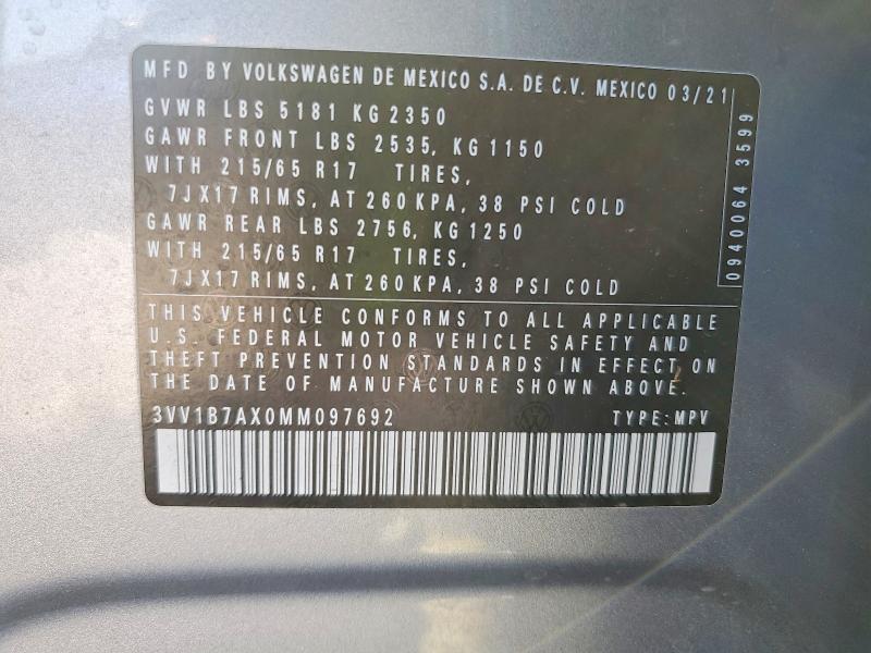Aukcja sprzedaży 2021 Volkswagen Tiguan, vin: 3VV1B7AX0MM097692, numer aukcji: 53417906