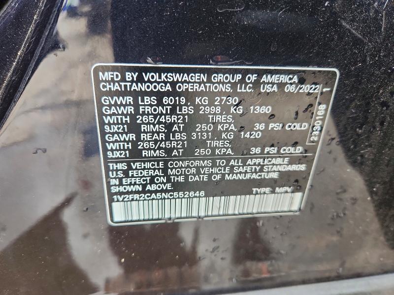 Aukcja sprzedaży 2022 Volkswagen Atlas, vin: 1V2FR2CA5NC552646, numer aukcji: 54074936