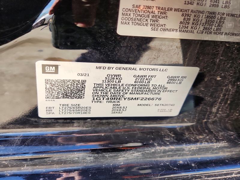 52818916 :رقم المزاد ، 1GT49REY5MF226676 vin ، 2021 Gmc Sierra مزاد بيع