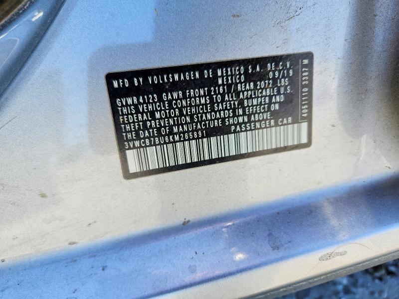2019 Volkswagen Jetta მანქანა იყიდება აუქციონზე, vin: 3VWCB7BU6KM265891, აუქციონის ნომერი: 53788986