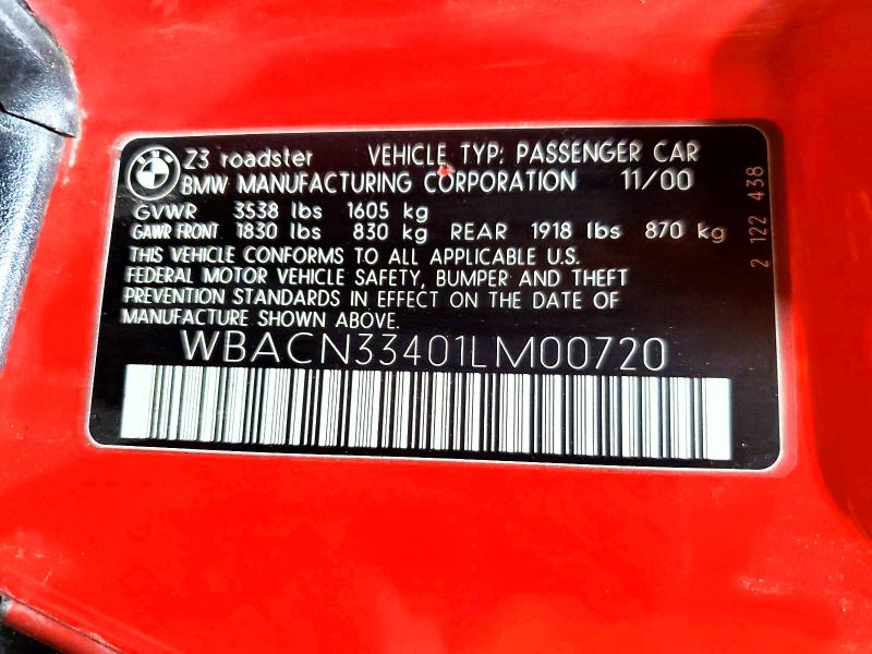 2001 Bmw Z3 მანქანა იყიდება აუქციონზე, vin: WBACN33401LM00720, აუქციონის ნომერი: 55147646