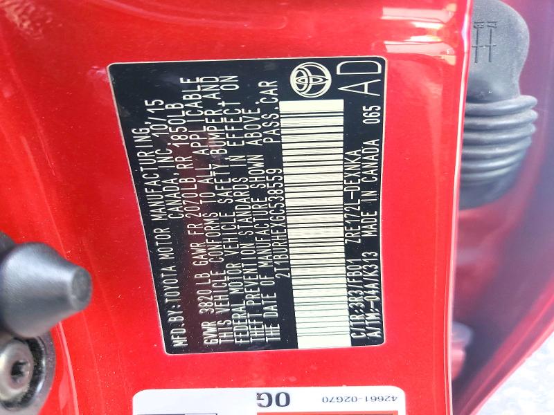 55418126 :رقم المزاد ، 2T1BURHEXGC538559 vin ، 2016 Toyota Corolla مزاد بيع