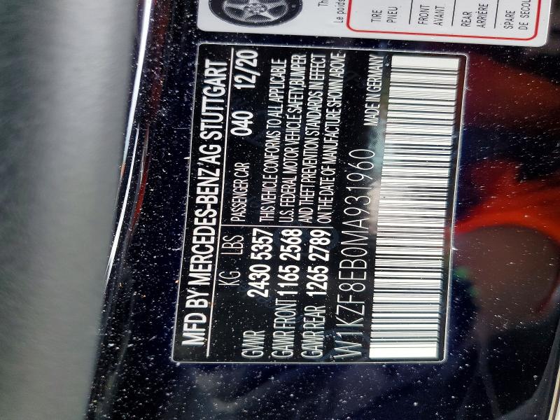 Aukcja sprzedaży 2021 Mercedes-benz E, vin: W1KZF8EB0MA931960, numer aukcji: 52194606