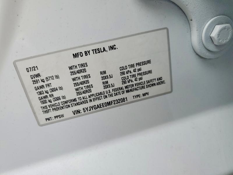 52705136 :رقم المزاد ، 5YJYGAEE0MF232081 vin ، 2021 Tesla Model Y مزاد بيع