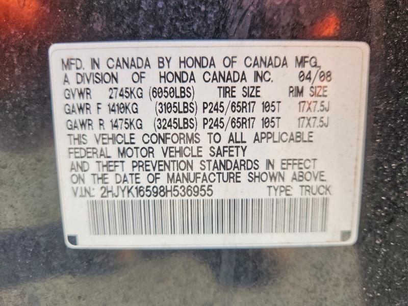 51084106 :رقم المزاد ، 2HJYK16598H536955 vin ، 2008 Honda Ridgeline مزاد بيع