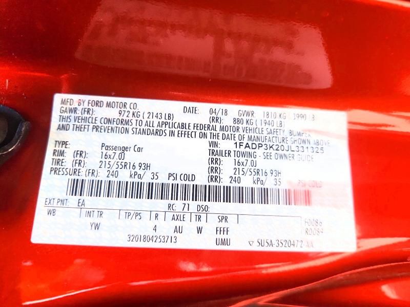 2018 Ford Focus მანქანა იყიდება აუქციონზე, vin: 1FADP3K20JL331325, აუქციონის ნომერი: 53204616