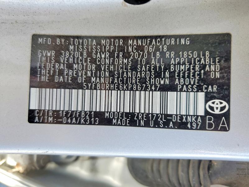 54113576 :رقم المزاد ، 5YFBURHE6KP867347 vin ، 2019 Toyota Corolla مزاد بيع