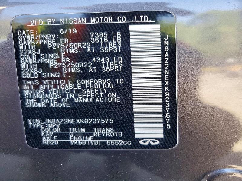 51189086 :رقم المزاد ، JN8AZ2NEXK9237575 vin ، 2019 Infiniti Qx80 مزاد بيع