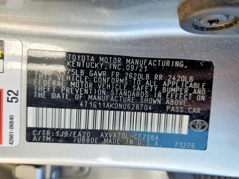 2022 Toyota Camry მანქანა იყიდება აუქციონზე, vin: 4T1G11AK0NU628704, აუქციონის ნომერი: 41629856