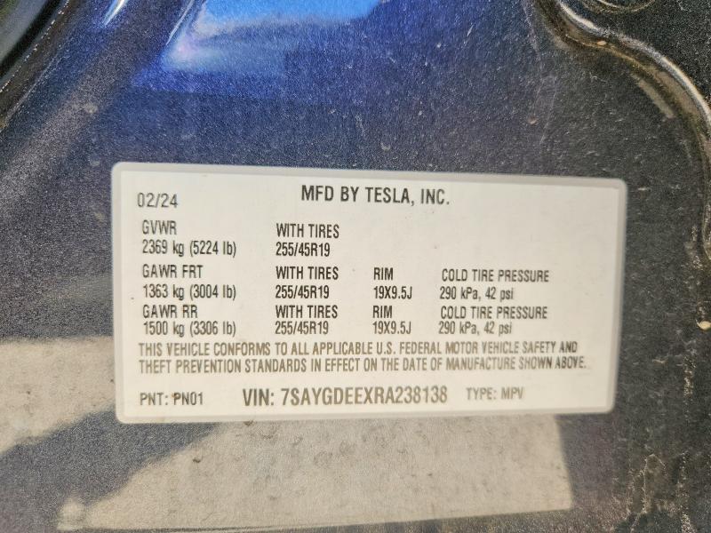 2024 Tesla Model Y მანქანა იყიდება აუქციონზე, vin: 7SAYGDEEXRA238138, აუქციონის ნომერი: 52505836