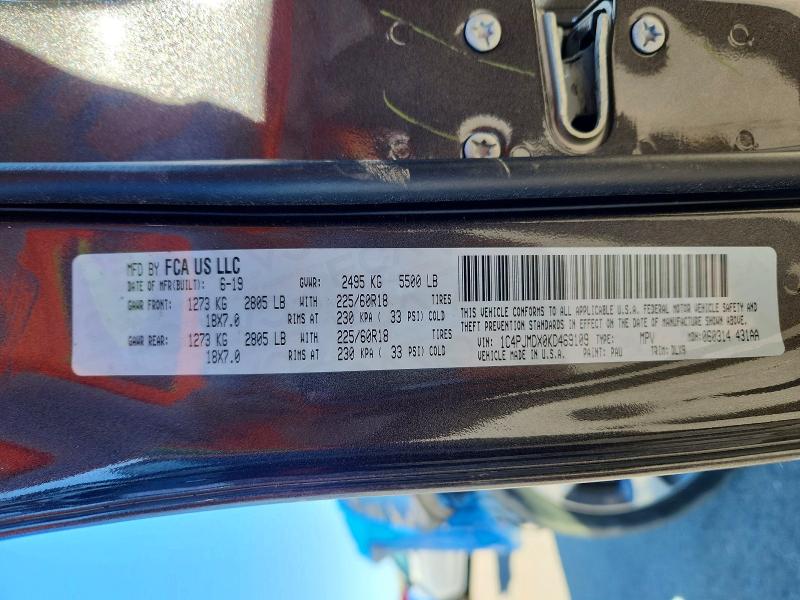 52175156 :رقم المزاد ، 1C4PJMDX0KD469109 vin ، 2019 Jeep Cherokee مزاد بيع
