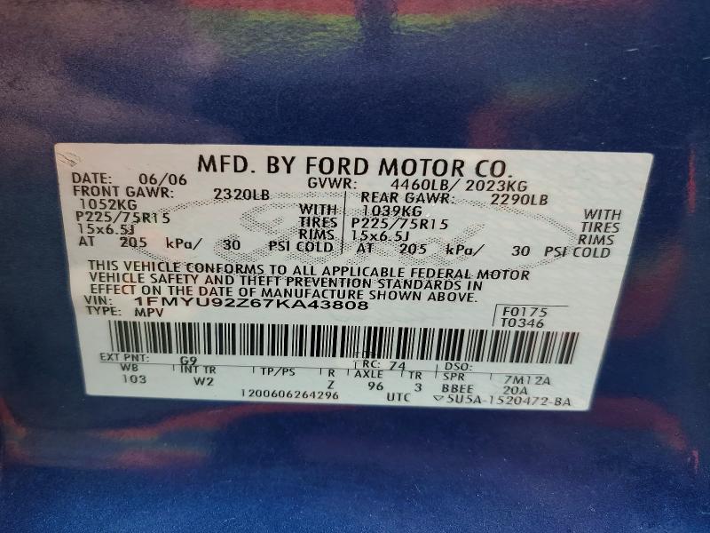 2007 Ford Escape მანქანა იყიდება აუქციონზე, vin: 1FMYU92Z67KA43808, აუქციონის ნომერი: 54007576